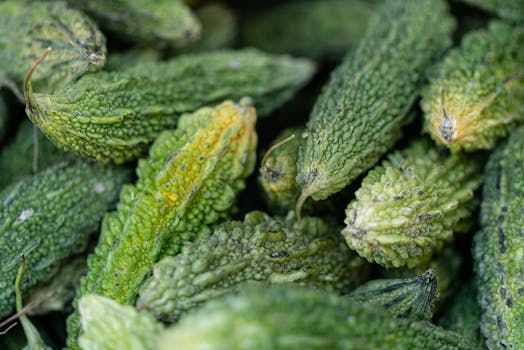 A detailed close-up shot of fresh green bitter gourds, showcasing their texture.